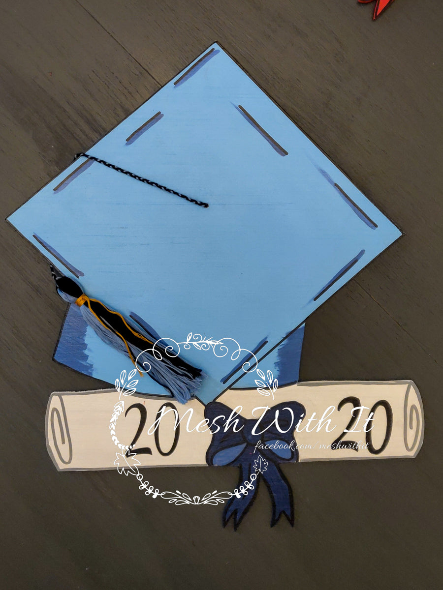 mesh with it Graduation Cap With 2020 Cut Wooden Sign blue