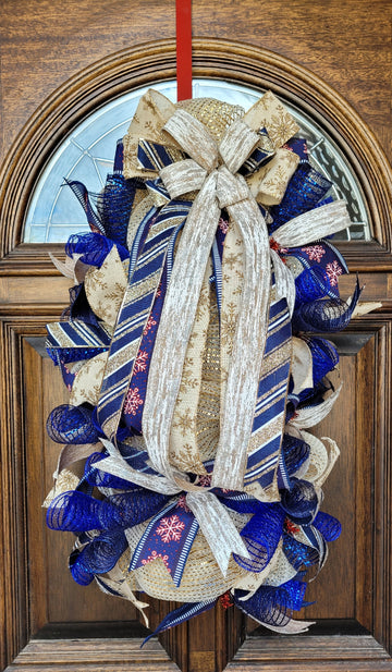 Blue and Gold Snowflake Christmas Swag Door Wreath