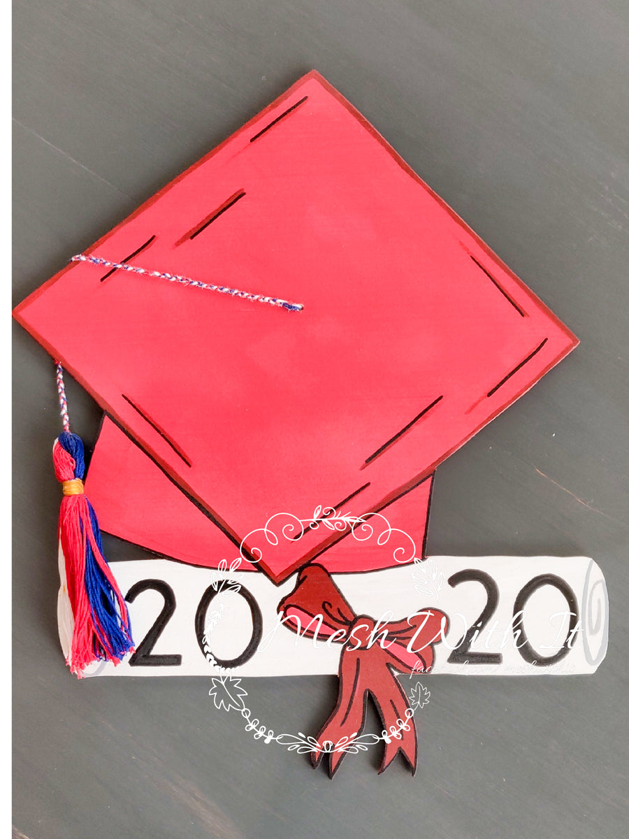 mesh with it Graduation Cap With 2020 Cut Wooden Sign red