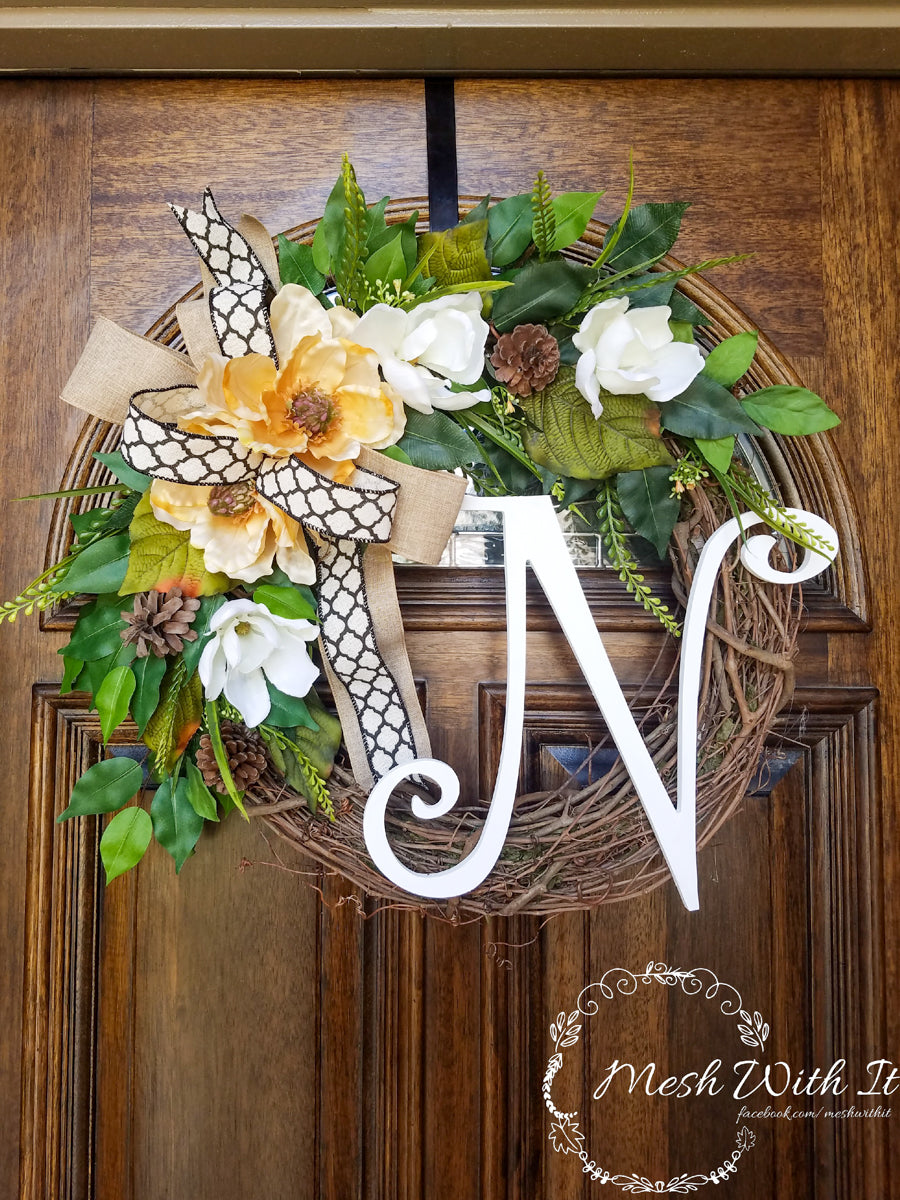 mesh with it Flower Monogram Grapevine Door Wreath