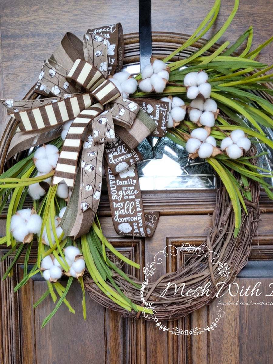 Mesh With It grapevine door wreath with cotton flowers