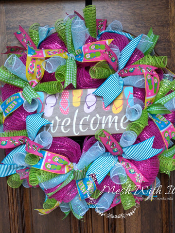 Mesh With It flip flop welcome door wreath colourful ribbons