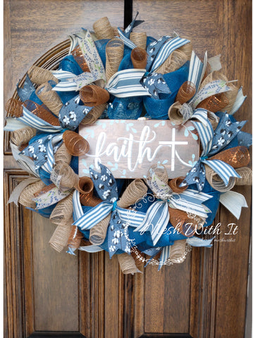 Mesh With It faith door wreath brown blue ribbon