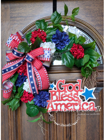 God Bless America Grapevine Door Wreath mesh with it