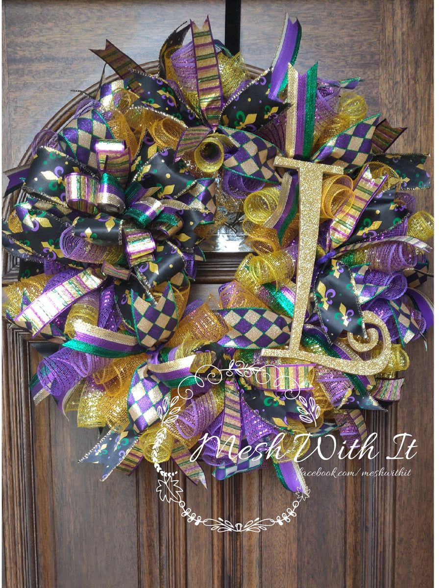 mesh with it Gold & Purple Monogram Door Wreath