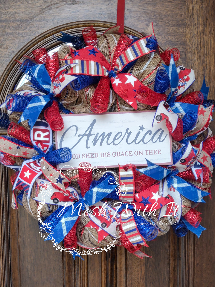 Mesh With It America door wreath blue and Red ribbons