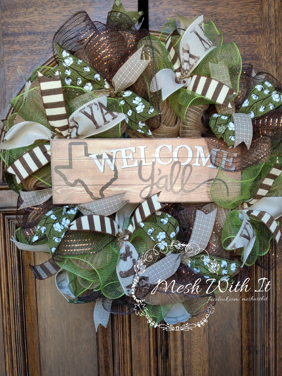 mesh with it Welcome Y'all Texas State Door Wreath