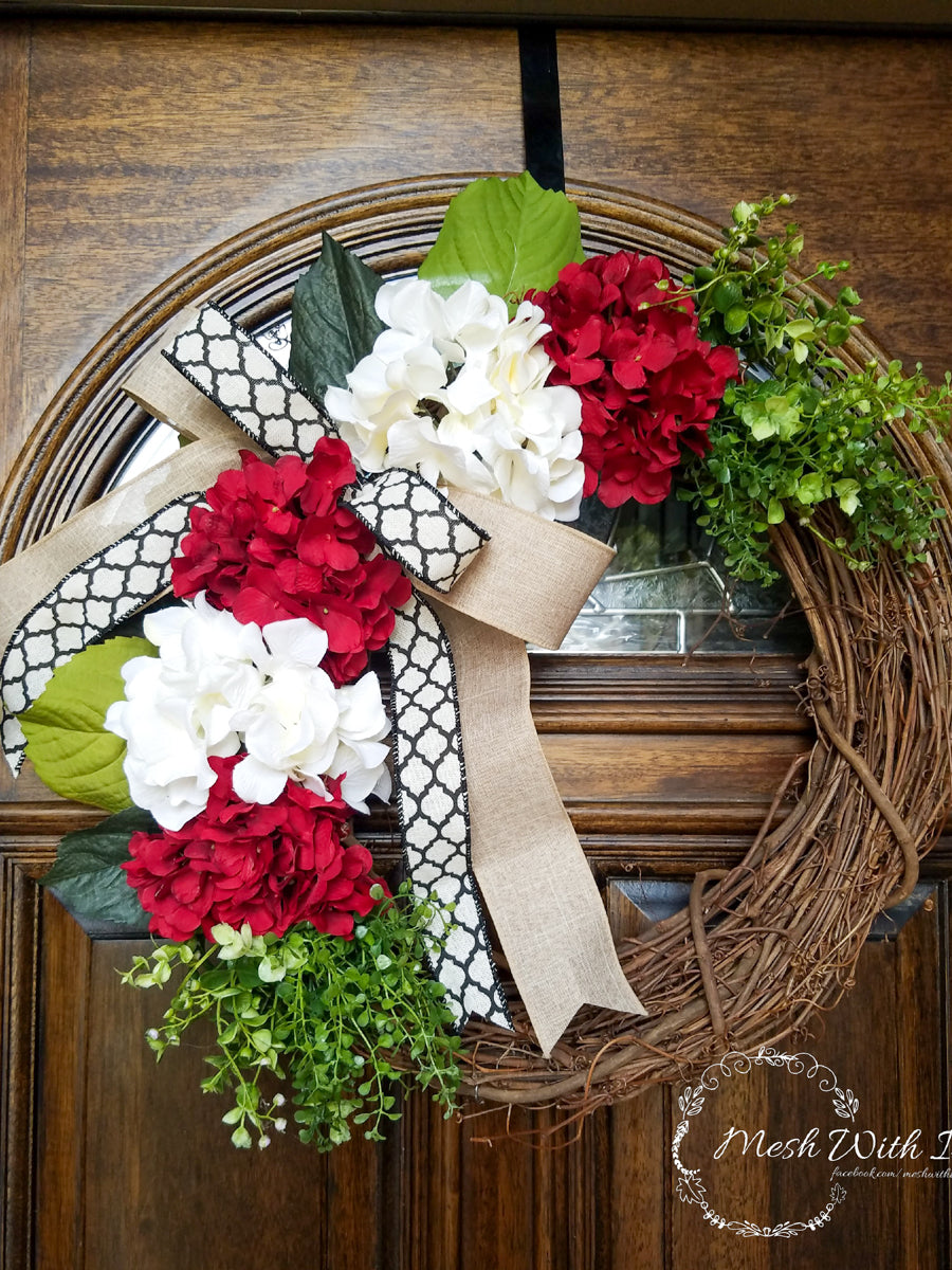 mesh with it Red & White Hydrangeas Grapevine Door Wreath