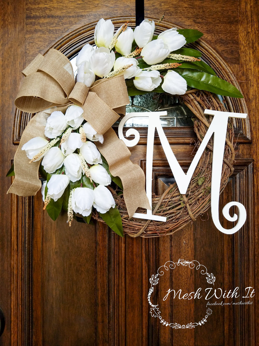 mesh with it White Tulip Monogram Grapevine Door Wreath