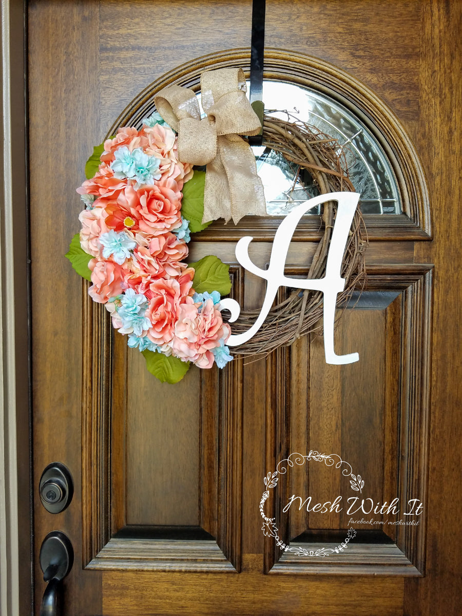 mesh with it Coral & Teal Floral Monogram Grapevine Door Wreath