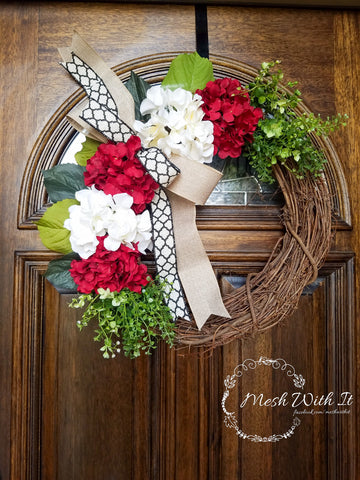White & Red Hydrangeas Grapevine Door Wreath