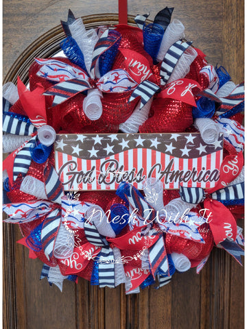 Mesh With It god bless america door wreath coloured ribbons