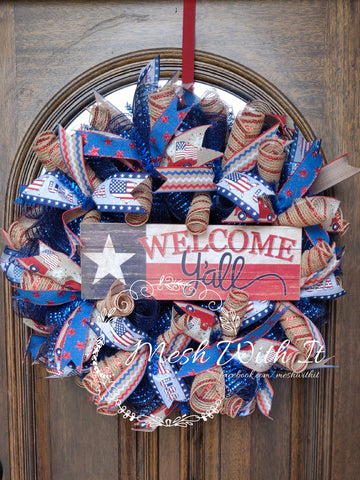 mesh with it Welcome Y'all Texas Flag Door Wreath 1